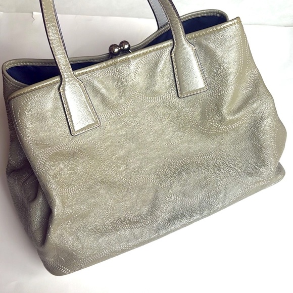 Coach Stitch Framed Kisslock Carryall Tote Bag in Olive / Gray Leather - Picture 4 of 13